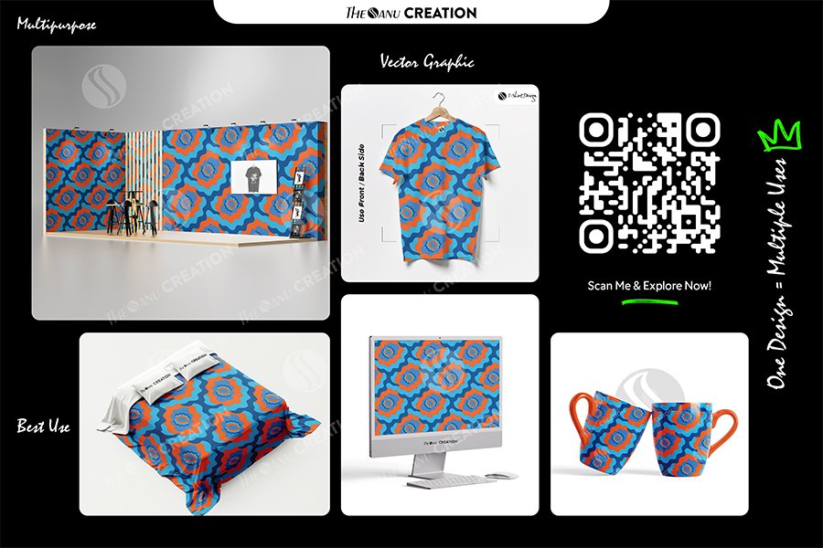 Ocean Bloom Retro Pattern – Blue Orange Seamless Floral Wave Design - Image 2