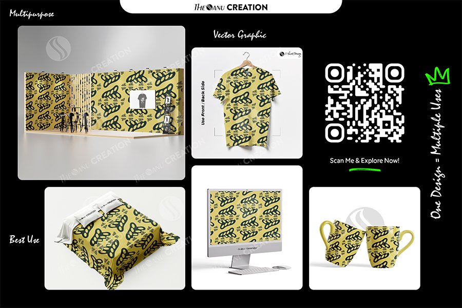 Olive Seed Cluster Pattern – Mustard Green Seamless Organic Surface Design - Image 2