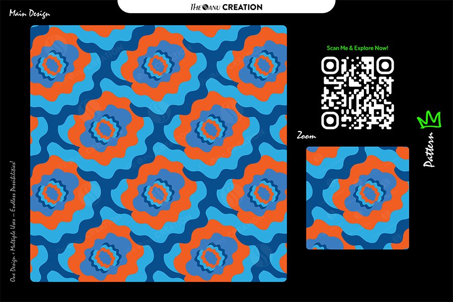 Ocean Bloom Retro Pattern – Blue Orange Seamless Floral Wave Design