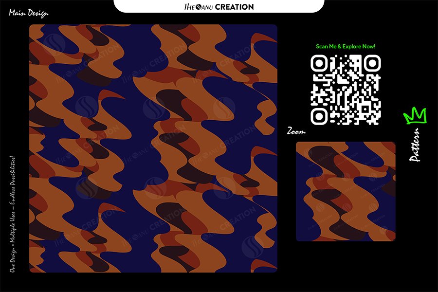Midnight Ember Flow Pattern – Navy Orange Seamless Abstract Surface Design